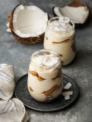 coconut tiramisu in glass, typical desert of Latin America region, Cuba and Colombia, tarta de coco