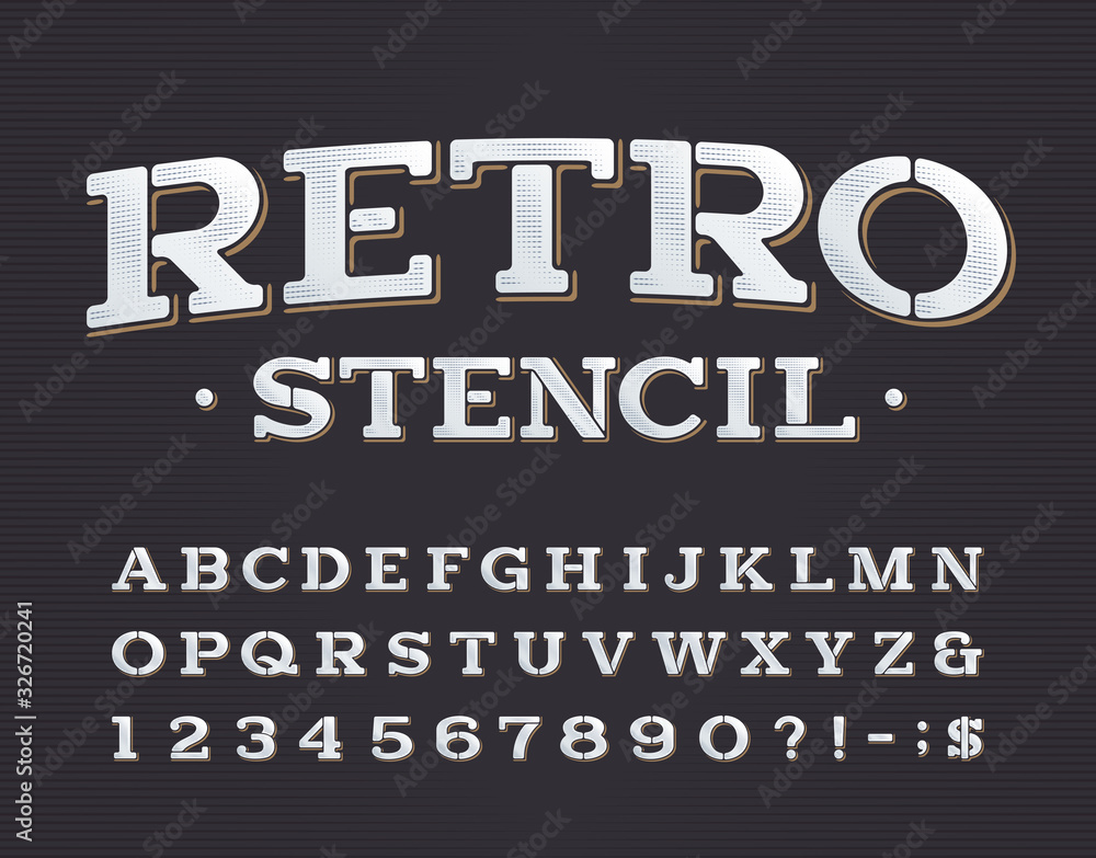 Fototapete retro stencil alphabet font. serif letters, numbers and symbols. stock vector typeface for your typo