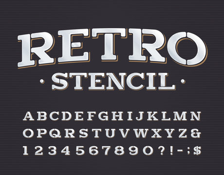 Retro Stencil alphabet font. Serif letters, numbers and symbols. Stock vector typeface for your typography design.