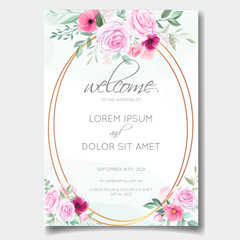 Romantic wedding invitation card template set with rose, cosmos flowers, and leaves