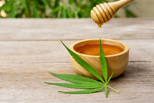 Fresh organic Cannabis leaf ( Marijuana ) and pure honey in wooden bowl isolated on wood table  background. Honey CBD concept. Copy space for text and content.