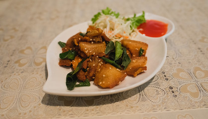 Fried Pork Belly with Fish Sauce Thai cuisine