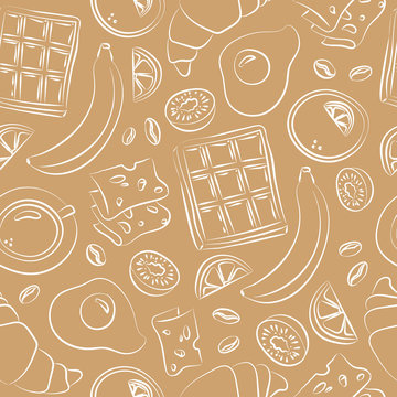 Retro Brown And White Breakfast Print. Seamless Pattern Vector. Kitchen Print With Coffee And Coffee Beans, Kiwi, Banana, Juice, Emmental Cheese, Croissant, Fried Egg, Orange Slice And A Wafflle.