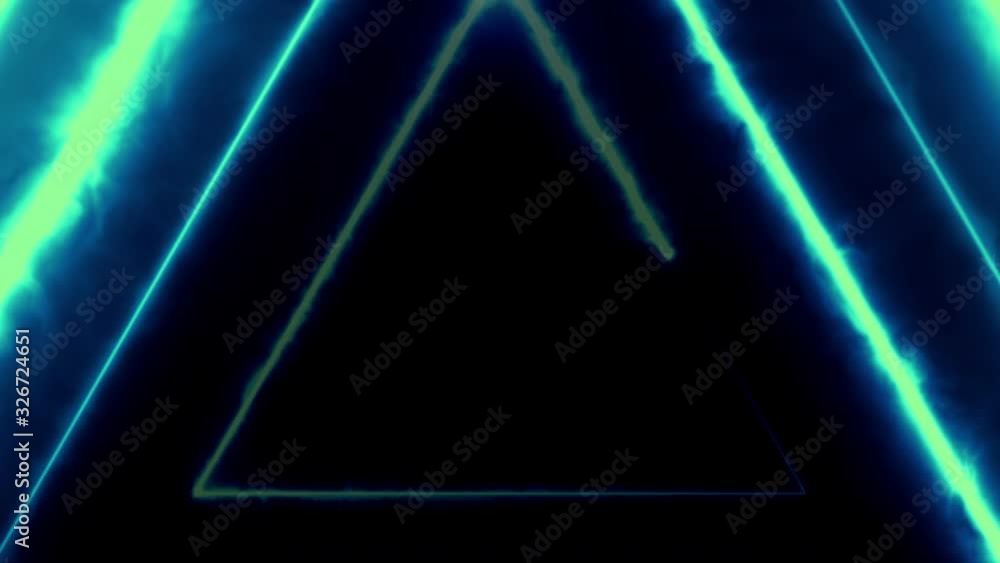 Poster neon bakcground flying through edless glowing rotating neon triangles creating a tunnel, blue red pi