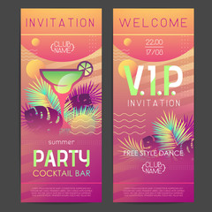 Summer disco cocktail party poster with tropic plants and geometric elements. Summertime template. Invitation design
