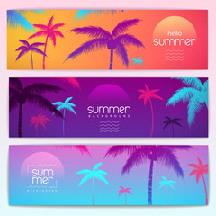Obraz premium Set of colorful summer tropical gradient banners with fluorescent tropic plants. Summertime template collection.