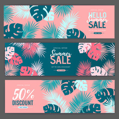 Set of Summer sale posters with tropic leaves and flamingo. Summer background