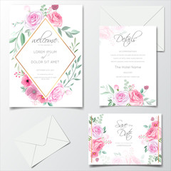 Romantic wedding invitation card template set with rose, cosmos flowers, and leaves