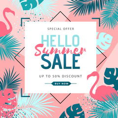 Summer sale poster with tropic leaves and flamingo. Summer background