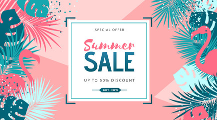 Summer sale poster with tropic leaves and flamingo. Summer background