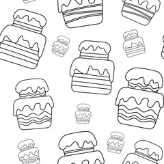 Seamless pattern with the image of cake. Doodle style. Vector illustration on a white background.