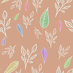 seamless pattern with white outline branches and multicolored leaves on beige brown background. Elegant spring/summer pattern. Print, packaging, wallpaper, textile, fabric design