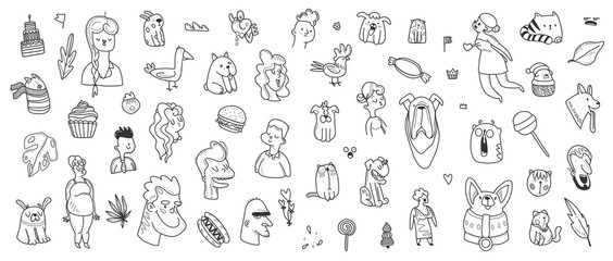 Patch doodle illustration. Set of cartoon characters, animals and people.