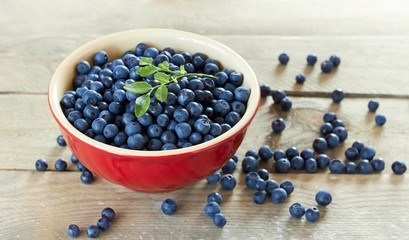 Blueberry in a red bowl with leaf on top on wooden table, closeu, copy space, healthy vitamin vegetarian food concept