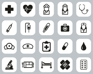 Hospital Staff & Equipment Icons Black & White Flat Design Set Big