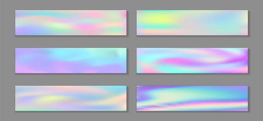 Holographic surreal flyer horizontal fluid gradient unicorn backgrounds vector set. Silk 