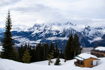 winter in the mountains with tiny hut