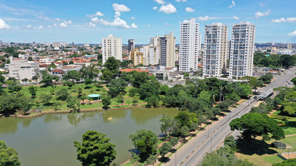 Aerial view of residential buildings and green areas with native trees in Goiania, Goias, Brazil