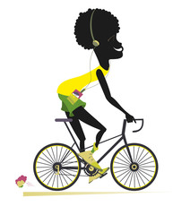 Smiling African man rides a bike isolated illustration. Comic cartoon African man rides a bike and listens music on player using headphones isolated on white