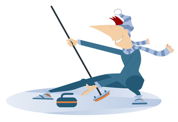 Smiling young man plays curling illustration. Man curling player with curling brush pushes a stone towards a target isolated on white 