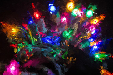 Fototapeta na wymiar Impressionistic Style Artwork of Christmas Lights Shining in the Darkness