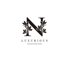 Initial N letter luxury beauty flourishes ornament monogram logo