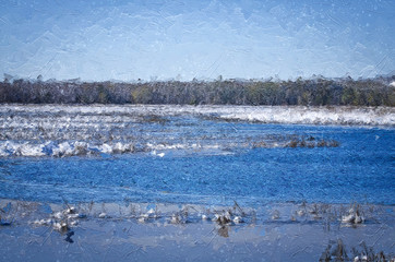 Impressionistic Style Artwork of Beautiful Winter Scene in a Snowy Marsh