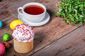 easter cake and easter eggs, traditional holiday design happy easter, menu concept. food background. top view. copy space