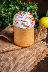 easter cake and easter eggs, traditional holiday design happy easter, menu concept. food background. top view. copy space