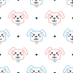 Childish Seamless Vector Pattern with Happy Cute Dog Faces and Hearts. Doodle Cartoon Funny Puppies Background for Kids. Wallpaper with Pet Animals for Baby Fashion, Nursery Design