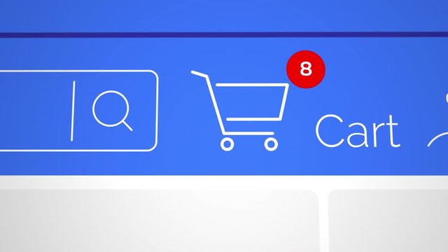 Close up shot animation of shopping cart icon on computer screen with animated counting numbers add online commodity on shopping web page. 4k footage 60 fps.
