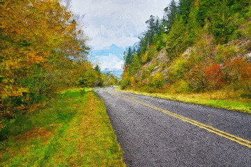 Impressionistic Style Artwork of Roadway Meandering Through the Autumn Appalachian Mountains Along the Blue Ridge Parkway