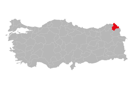 Ardahan province marked red color on turkey map vector. Gray background.