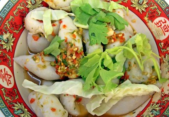 Asian food Spicy Fish Ball Salad Surrounded by vegetables