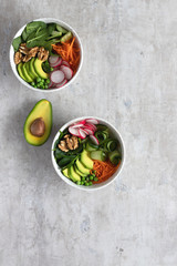 fresh vegetables on two plates with avocado on a grey background
