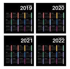 Year 2019 and Year 2020 and Year 2021 and Year 2022 calendar vector design template, simple and clean design for organization and business. Week Starts Monday. 