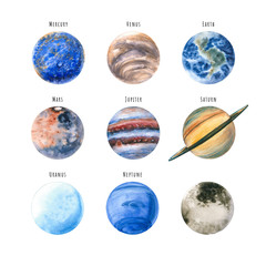 Set of watercolor planets. Hand drawn illustration is isolated on white. Painted collection is perfect for astrologer blog, interior poster, social media background, science and cosmic design