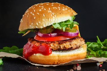 burger, meat cutlet beef steak, tomato, sauce and lettuce, meat snack sandwich, menu concept. food background. top view. copy space