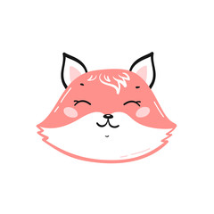 Cute Fox Head Print Design for Kids. Little Fox Face. Doodle Cartoon Kawaii Animal Vector Illustration. Scandinavian Print or Poster Design, Baby Shower Greeting Card