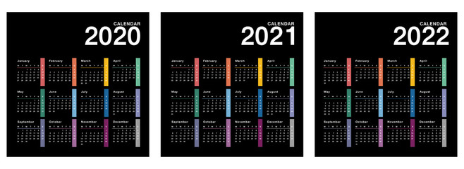 Year 2020 and Year 2021 and Year 2022 calendar vector design template, simple and clean design. Calendar for 2021 and 2022 on White Background for organization and business. Week Starts Monday. 