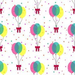 Festive seamless pattern with knitted bow balloons on confetti background. Polka dot print. Colorful vector illustration.