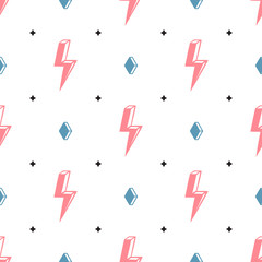 Pink Lightning Bolt Signs with Diamonds Vector Seamless Pattern. Background with Doodle Thunderbolts