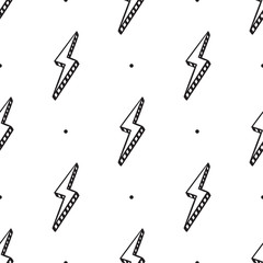 Arrows or Lightning Bolt Signs Vector Seamless Pattern. Black and White Background with Doodle Thunderbolts