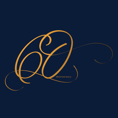 Handwriting celebrating, anniversary of number 60, 60th year anniversary, Luxury duo tone gold brown for invitation card, backdrop, label or stationary