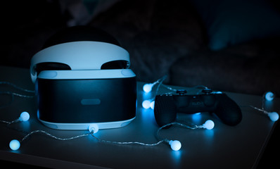 The helmet of virtual reality. New experience in the game. Amazing emotions, cool rest. Virtual...