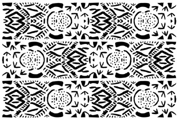 Tribal folk woodcut lino cut pattern. Monochromatic black ink hand made ornament, decorative motif. Low-fi grungy ornate indigenous style. Naive art retro folk pattern decor, wallpaper, textile print