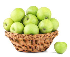 Green apples in the basket isolated on the white background