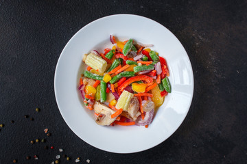 frozen vegetables mix salad onion, corn, pepper, paprika, mushrooms, asparagus beans, carrot and others, ketogenic diet menu concept. food background. top view. copy space