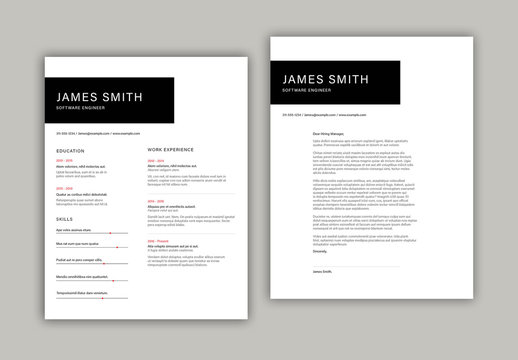 Resume Layout Set with Black Header and Red Accents