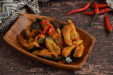Terong Balado, Indonesian food. Fried eggplant with chili sauce
